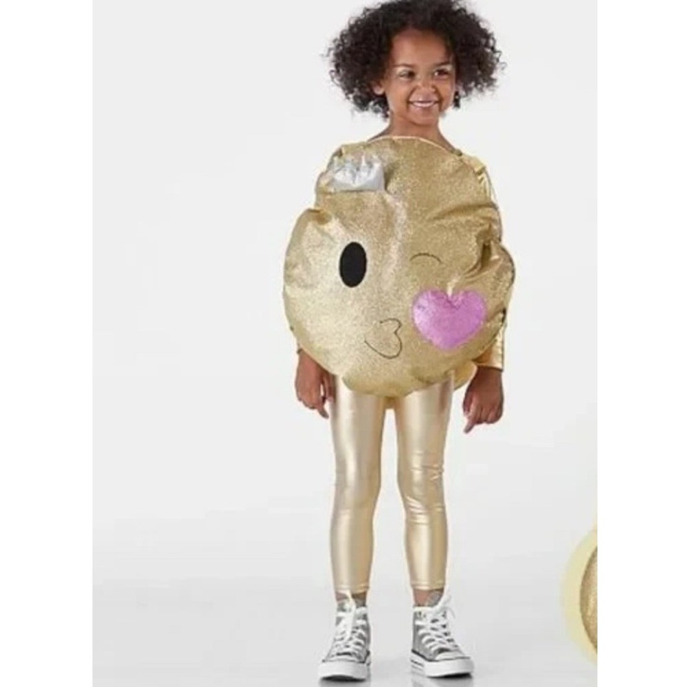 Pottery Barn Kids Emoji Costume 4-6 Gold Glitter Kissy Face Heart Halloween